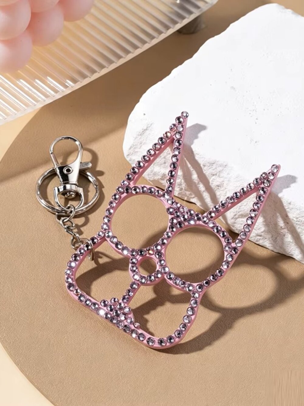 Pinkl Rhinestone Kitty Cat Ear Self Defense Keychain Bottle Opener🔑🐱